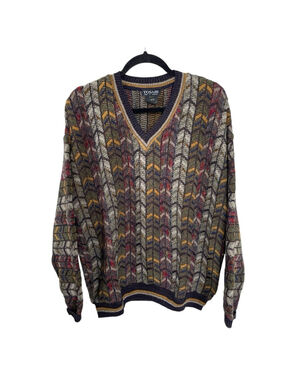 TOSANI Men's Coogi V-Neck Sweater Multicolor Pattern M